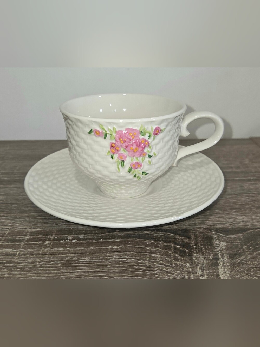 Teleflora White Cup and Saucer with Pink Floral Design and Woven Pattern 1985.